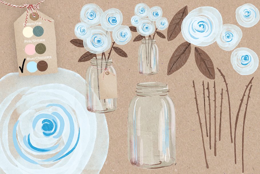 奶油玫瑰梅森罐水彩剪贴画 Watercolor cream roses mason jar插图(4)