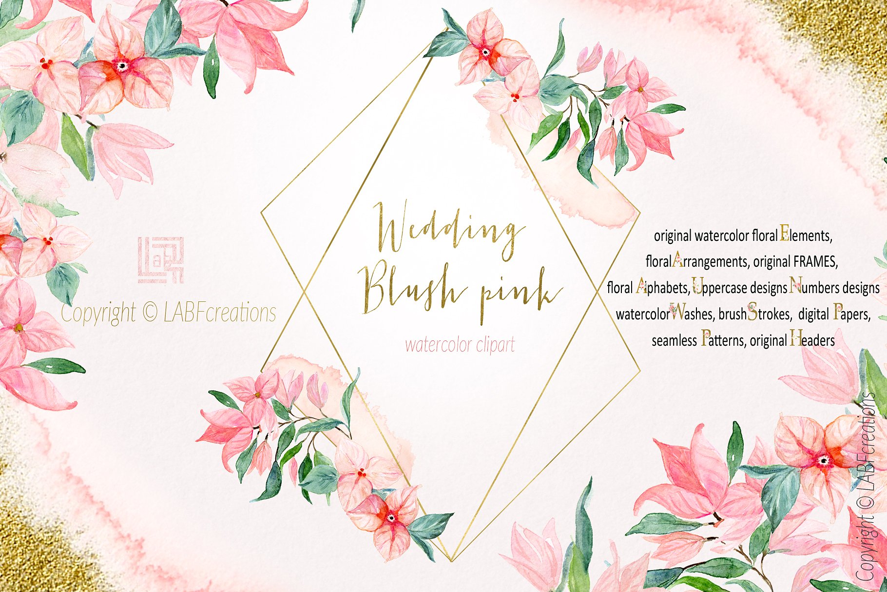 胭脂红水彩花卉元素，花环，花式字母… Blush pink bougainvillea插图(4)