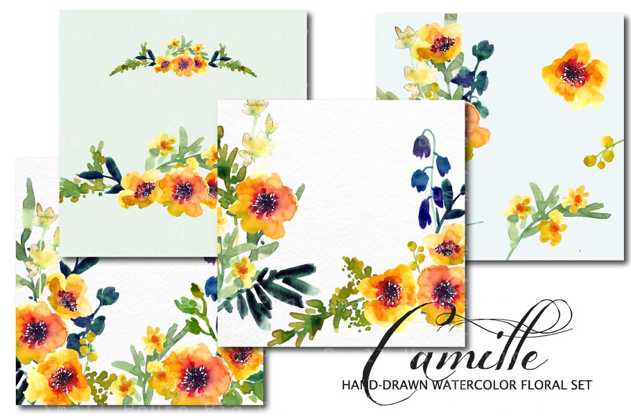 水彩阳光暖黄色花卉素材 Camille- Watercolor Clip Art Set插图(4)