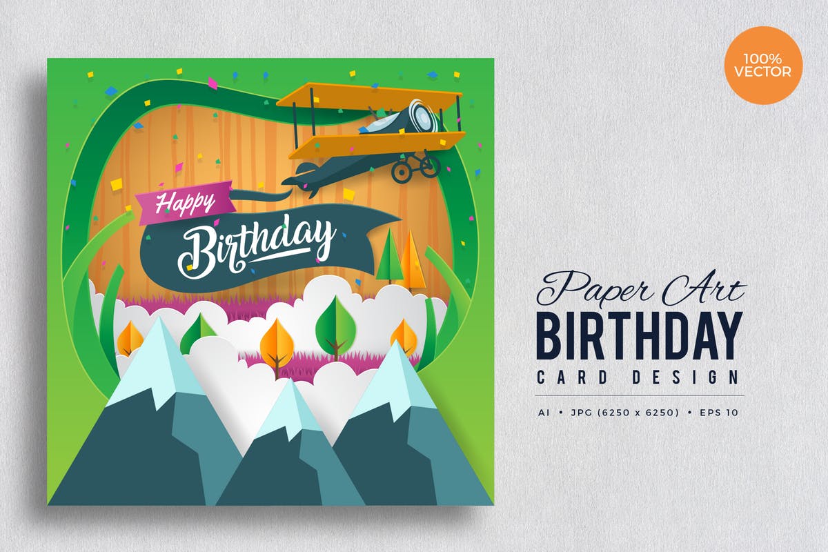 剪纸艺术生日快乐矢量贺卡设计模板v5 Paper Art Happy Birthday Vector Card Vol.5插图
