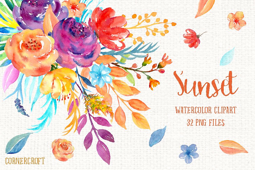 日落色调的水彩花朵剪贴画 Watercolor Clipart Sunset插图
