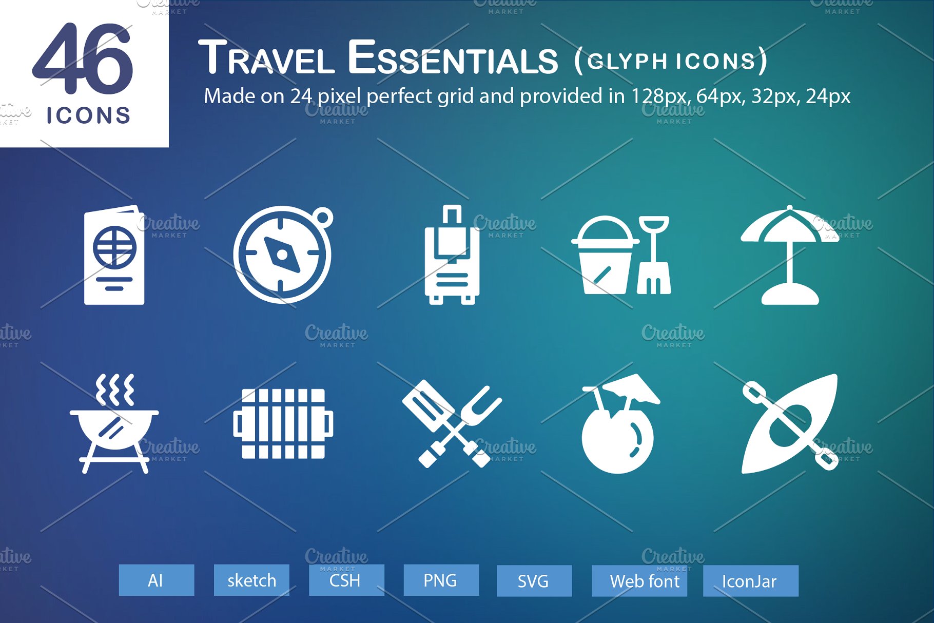 46个旅行必需品主题图标 46 Travel Essentials Glyph Icons插图