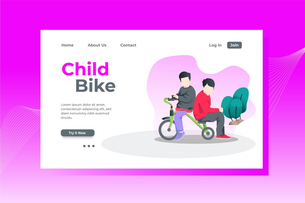 儿童单车概念插画品牌网站着陆页模板 Child Bike Landing Page Illustration插图
