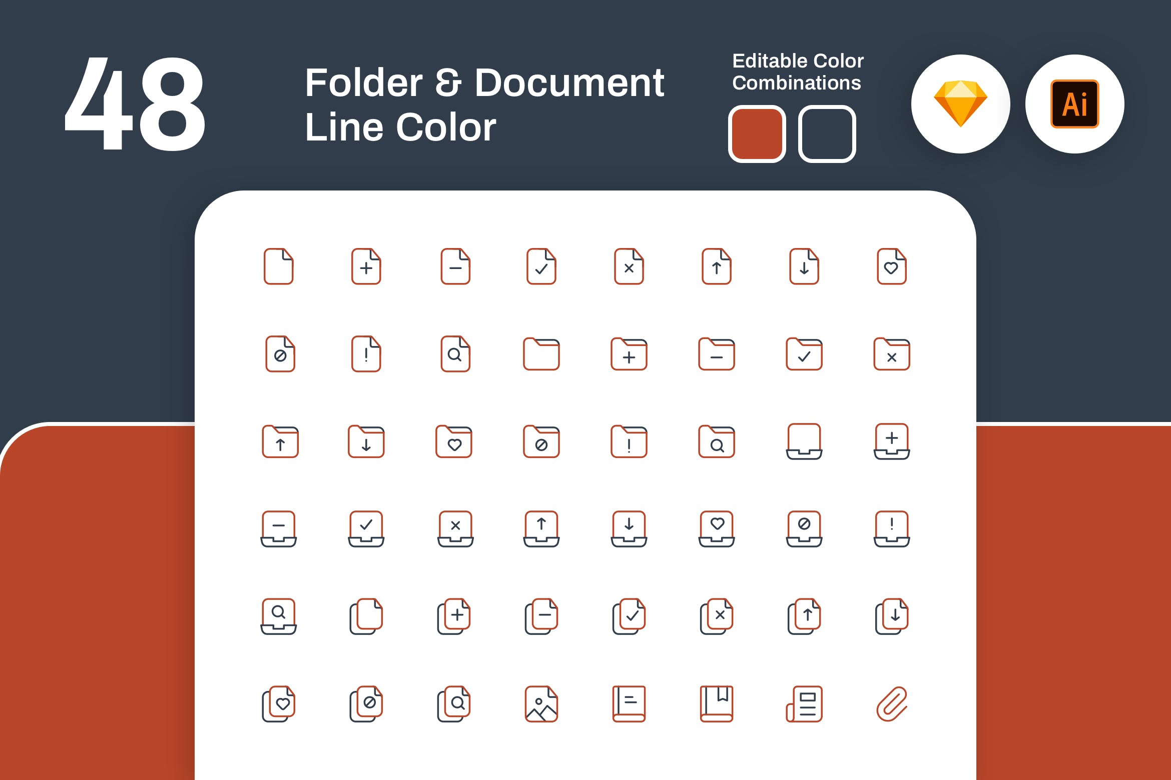 48枚文件夹&文档彩色线性矢量图标 Folder and Document Line Color插图