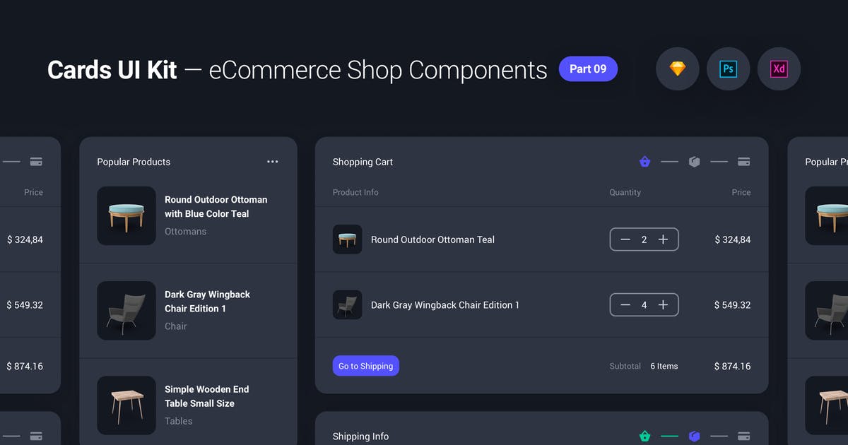 卡片式UI设计套件-网上商城小工具&组件[夜间模式] Cards UI Kit – eCommerce Shop Widgets & Components插图