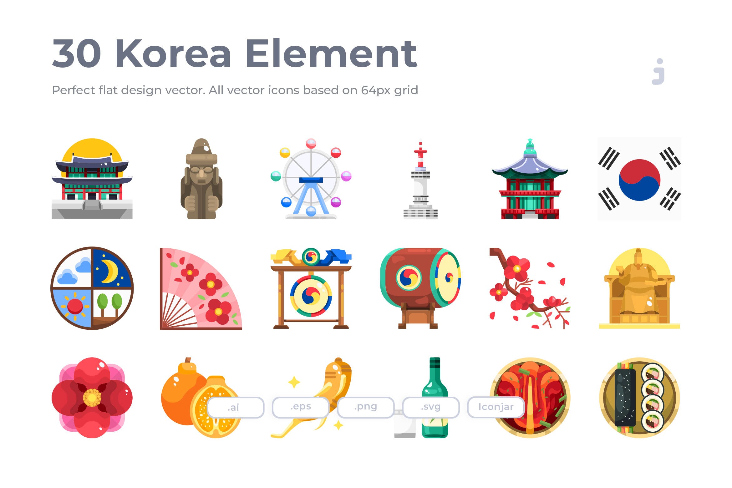 30枚韩国民族元素扁平化设计图标 30 Korea Element Icons – Flat插图