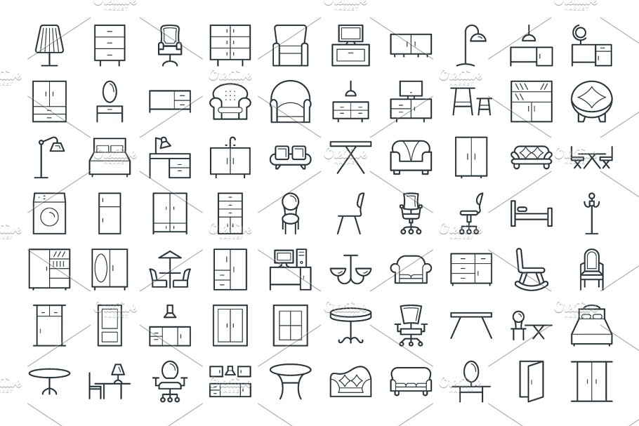 100个家居家具矢量线条图标  100 Furniture Vector Icons插图(1)