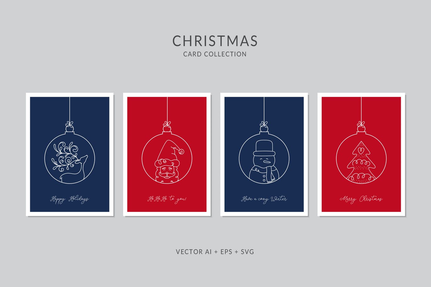 简笔画艺术风格圣诞节贺卡矢量设计模板集v9 Christmas Greeting Card Vector Set插图