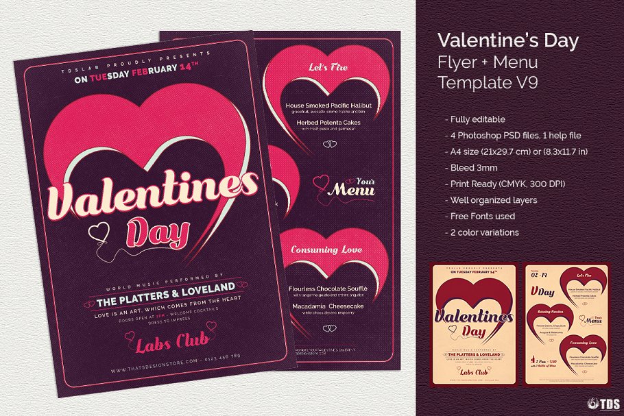 情人节专题菜单+传单PSD模板合集V9 Valentines Day Flyer + Menu PSD V9插图