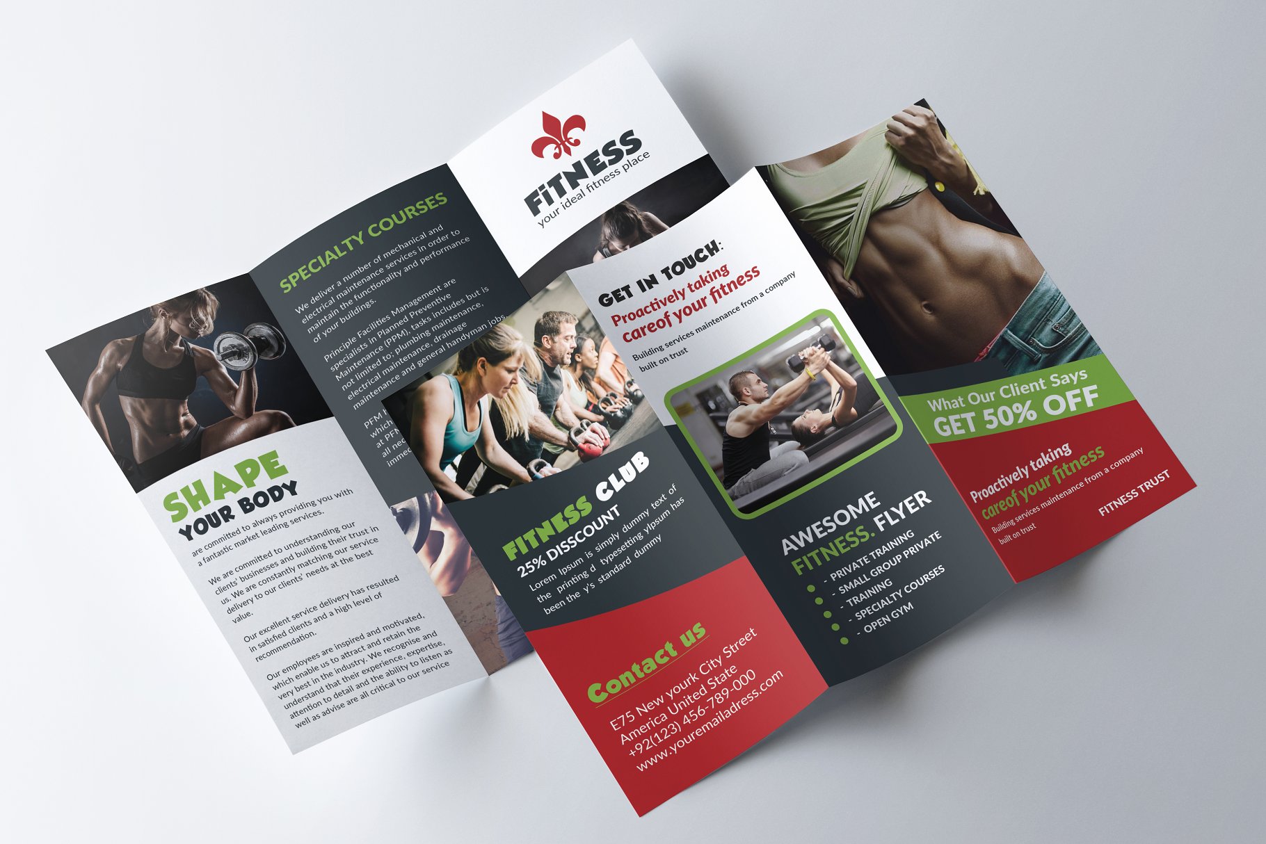 健身俱乐部三折页小册子传单模板 Gym and Fitness trifold Brochures插图(3)