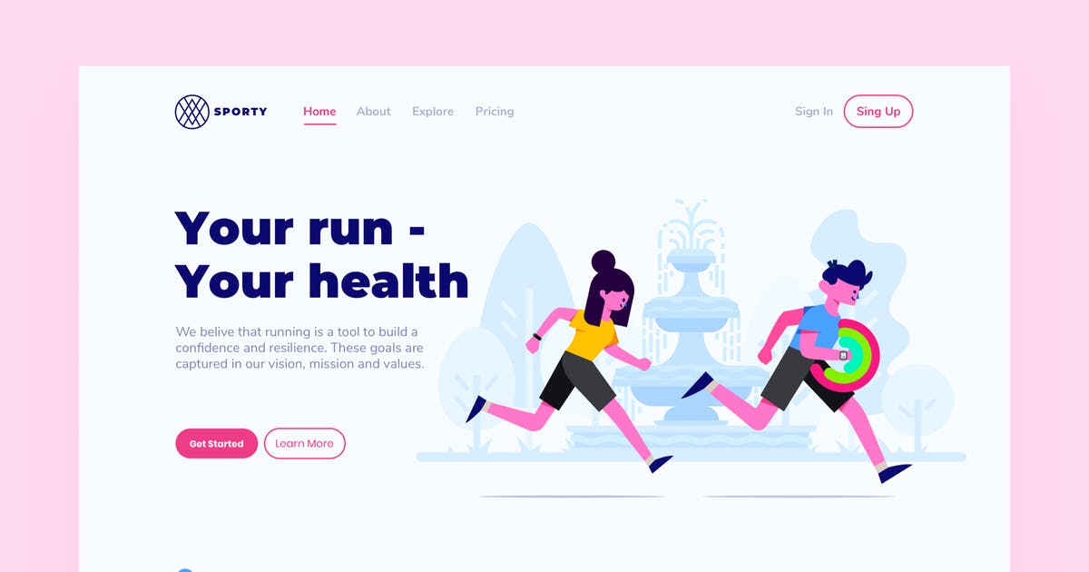 跑步健康运动概念插画网站着陆页设计模板 Run Landing Page Illustration插图