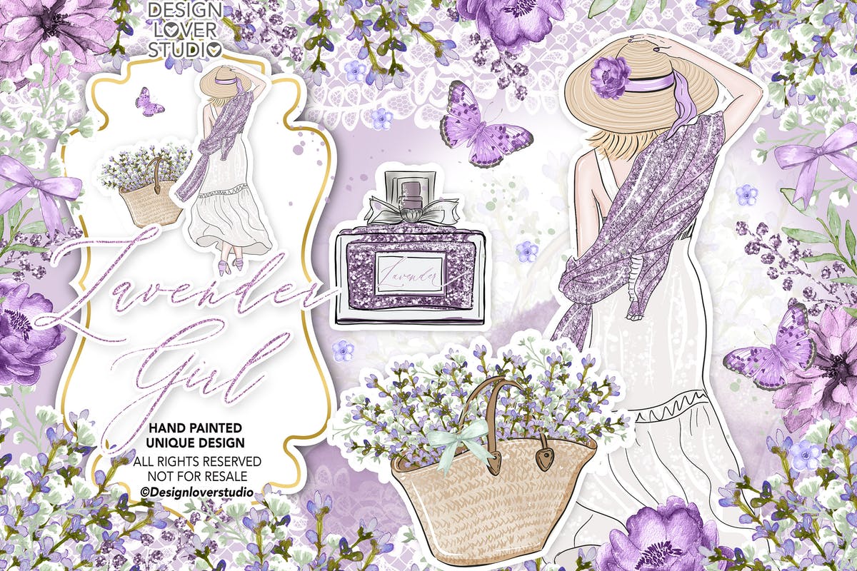 紫色薰衣草女孩水彩剪贴画设计素材 Lavender Girl design插图