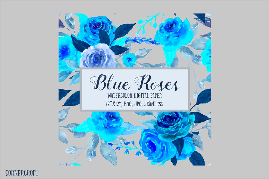 蓝色水彩玫瑰插画图案纸张纹理 Digital Paper Watercolor Blue Rose插图(2)