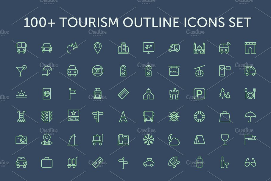 100枚旅游主题线条图标 100+ Tourism Outline Icons Set插图