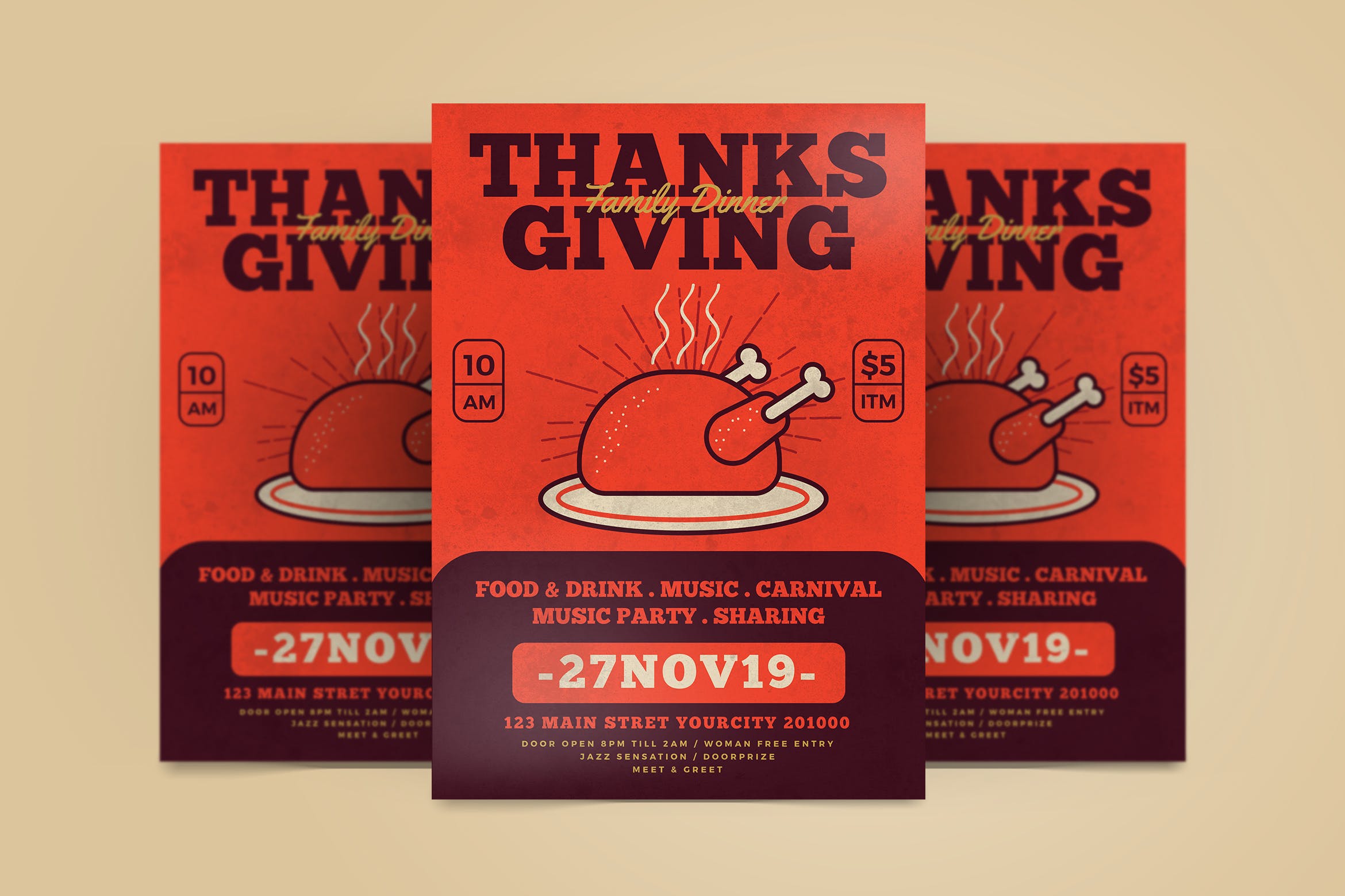 感恩节火鸡盛宴美食海报设计模板 Thanksgiving Flyer插图