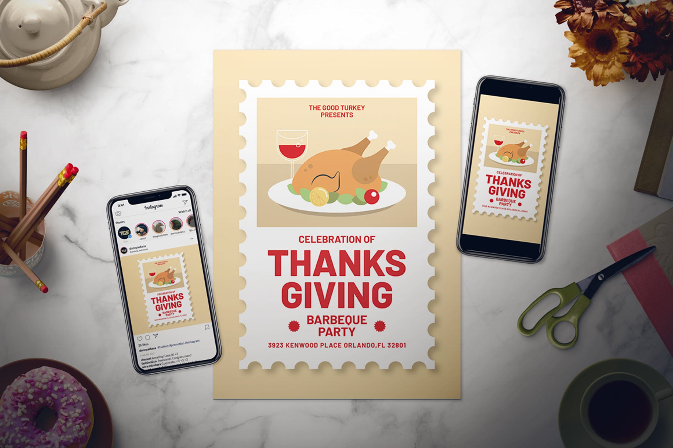 感恩节美食派对海报传单设计模板 Thanksgiving Day Flyer Set插图