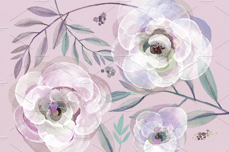 紫色玫瑰和树叶水彩剪贴画 Watercolor purple roses and leaves插图(2)