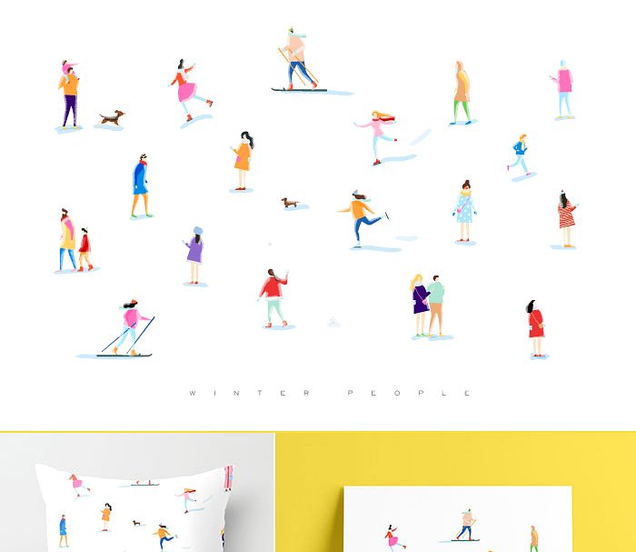 手绘冬季滑雪运动场景插图 Winter people插图
