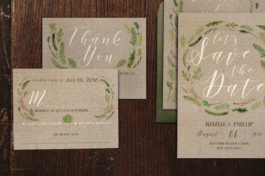 水彩叶子婚礼设计物料模板套装 Watercolor Foliage Wedding Suite插图(1)
