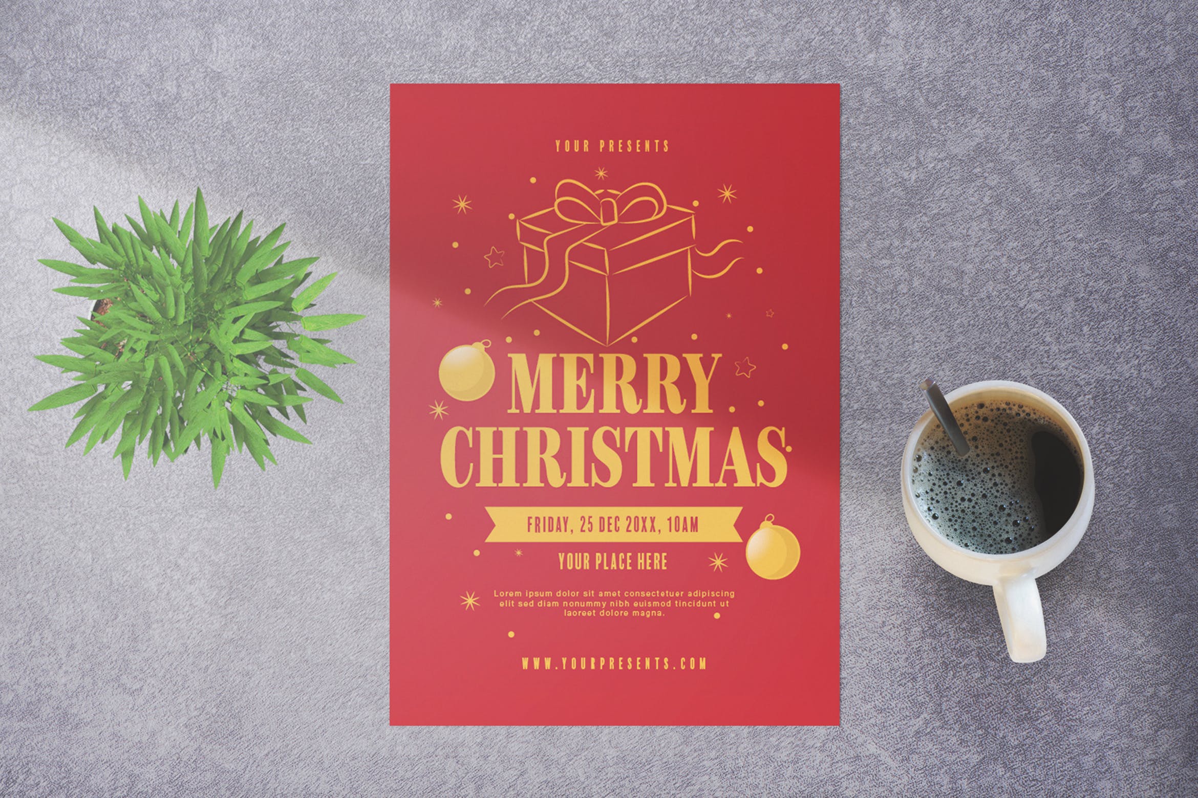 红黄配色圣诞节派对海报传单模板 Merry Christmas Party插图