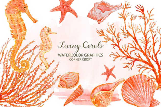 海洋生物水彩插画素材 Watercolor clipart living Coral插图(2)