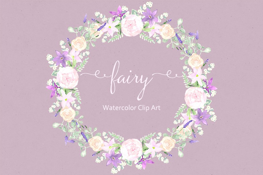 花环花束水彩剪贴画 Fairy. Purple Watercolor Clipart.插图