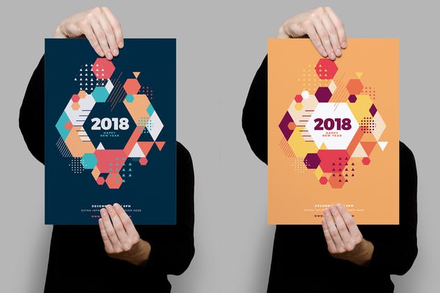 多彩几何图案新年主题海报设计模板 Happy New Year 2018 Party Flyer插图(5)
