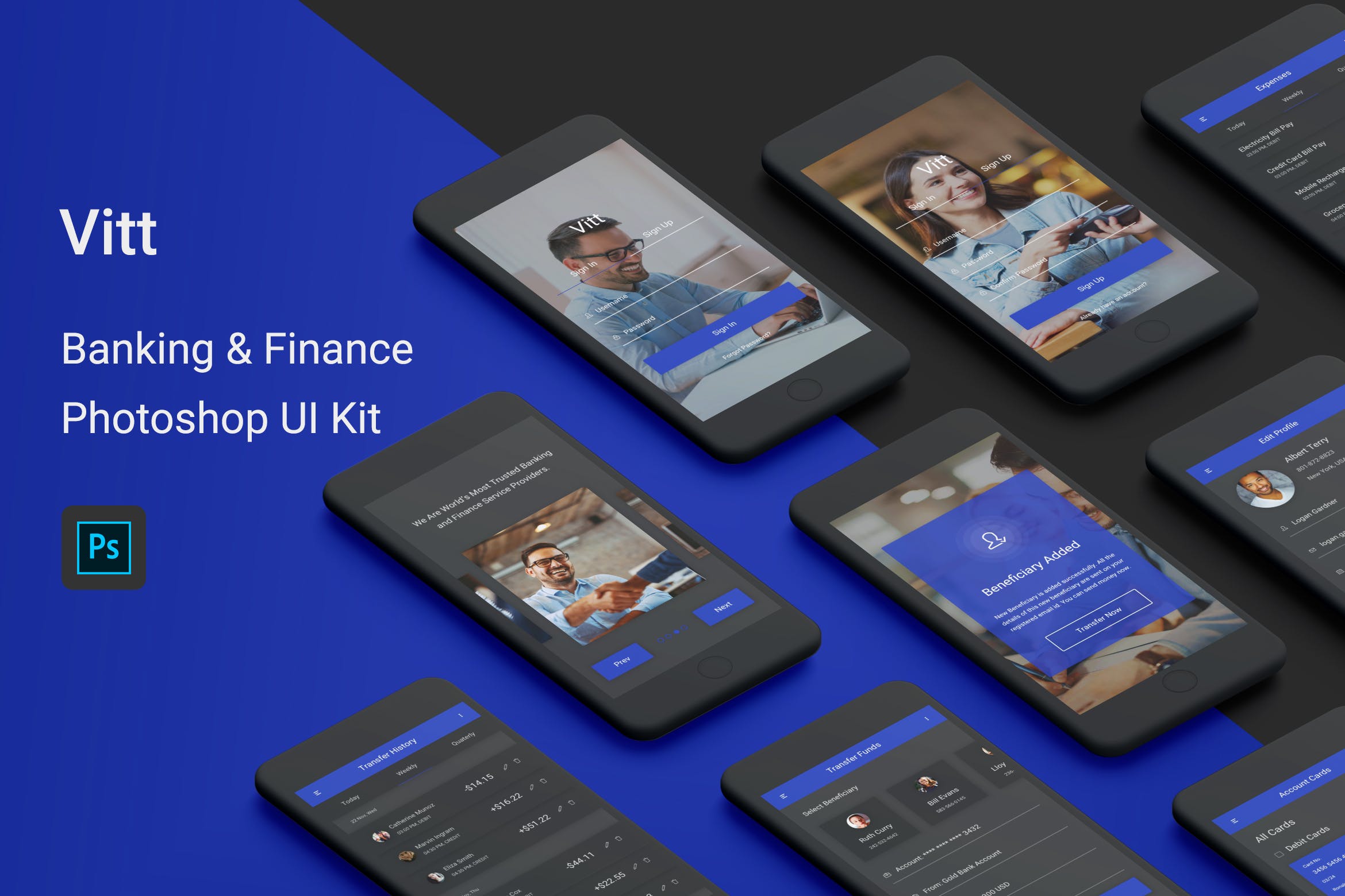 网上银行金融APP应用UI用户交互界面设计PSD模板 Vitt – Banking & Finance Photoshop UI Kit插图