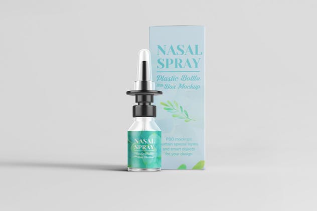 滴鼻瓶外观及包装设计样机模板 Nasal Spray Clear Bottle With Box Mockup插图(2)
