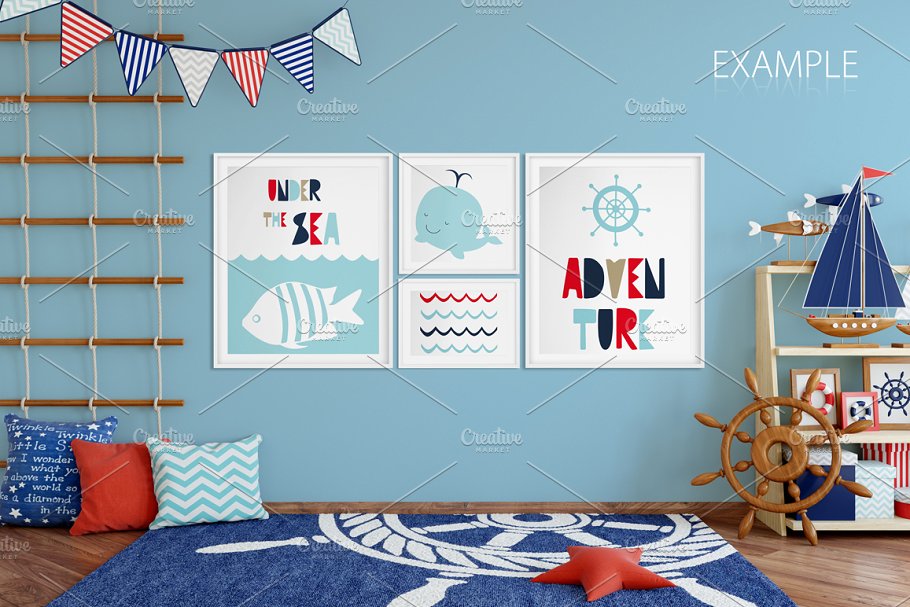 儿童主题室内墙纸设计展示和相框画框样机 Kids Interior Wall & Frames Mockup 1插图(22)