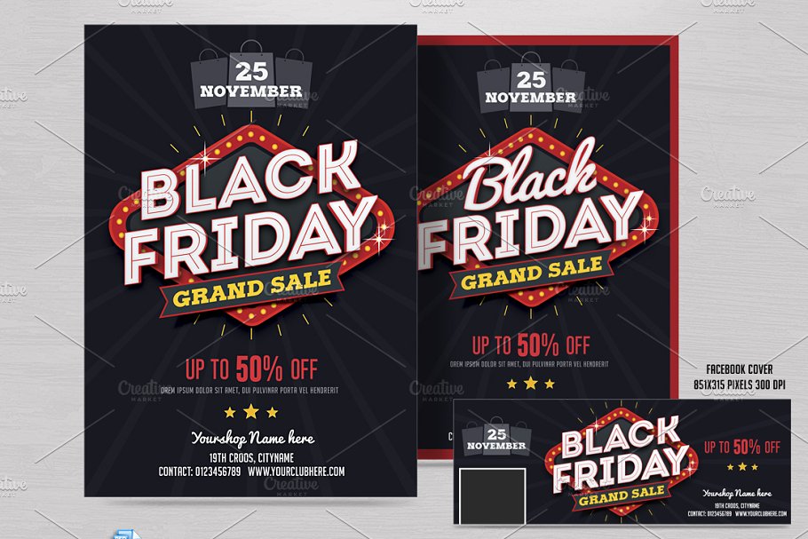 黑色星期五购物促销广告海报模板 Black Friday Sale Flyer & FB Cover插图