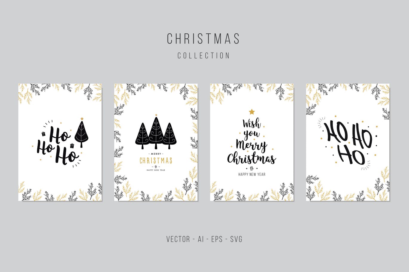 圣诞树&圣诞祝福语圣诞节贺卡矢量设计模板集 Christmas Greeting Vector Card Set插图