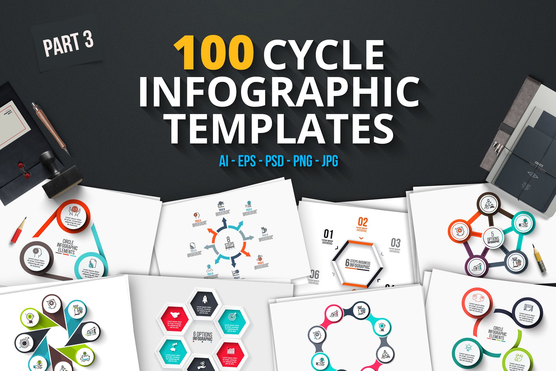 100宽圆形信息图表模板 100 cycle infographics (part 3)插图