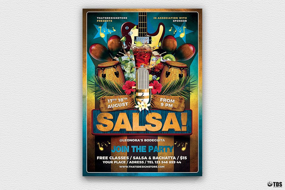 古巴萨尔萨舞曲现场海报设计PSD模板v1 Cuban Live Salsa Flyer PSD V1插图(1)