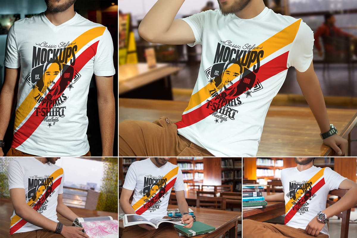 时尚设计V领T恤服装样机 V-Neck T-Shirt Mockups插图