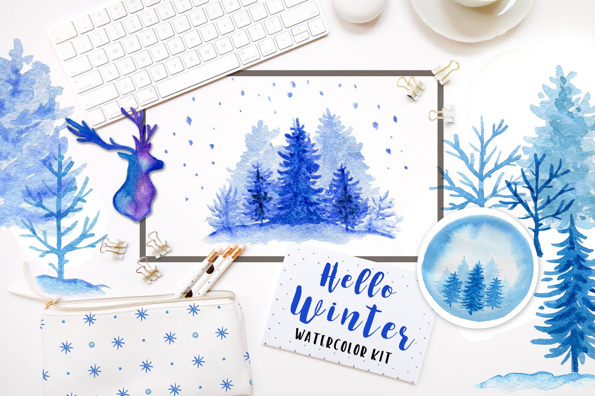 冬季水彩元素设计套装 Winter Watercolor Design Kit插图