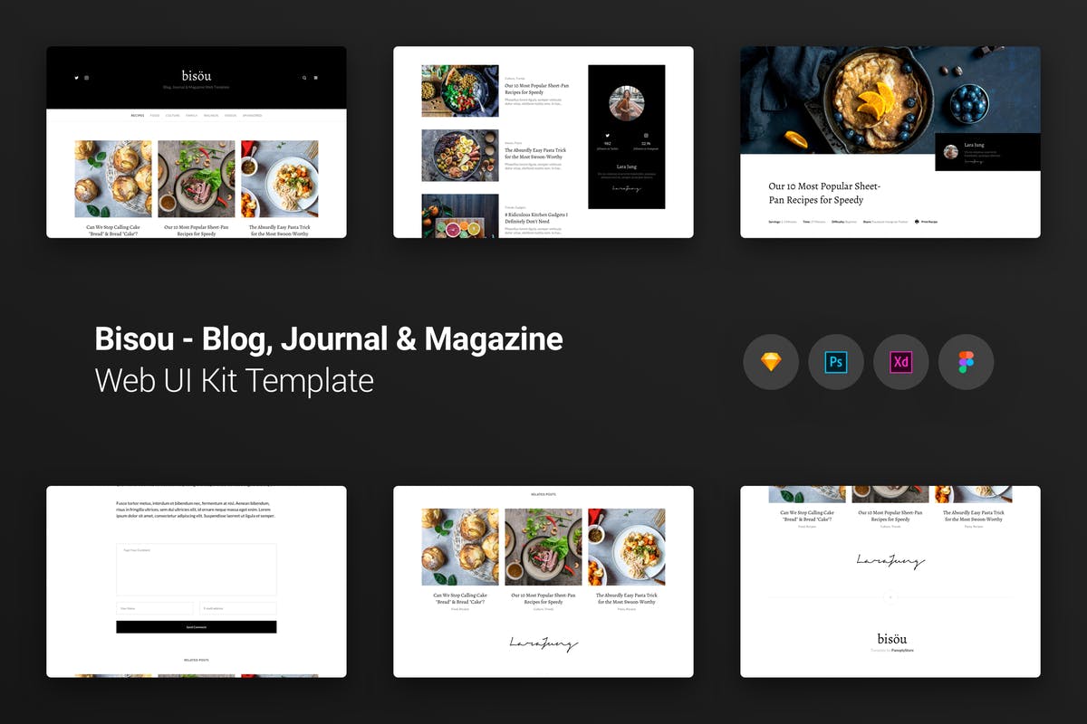 旅游饮食杂志博客网站设计UI套件 Bisöu Blog, Journal & Magazine Web UI Kit Template插图