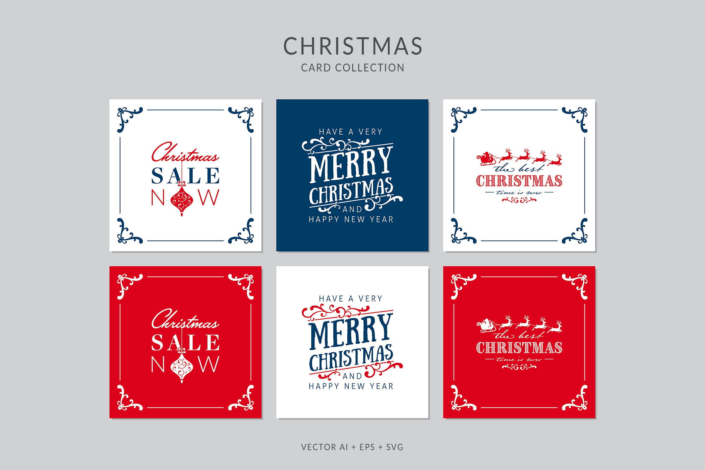 复古装饰框风格圣诞节贺卡设计模板 Christmas Greeting Card Vector Set插图