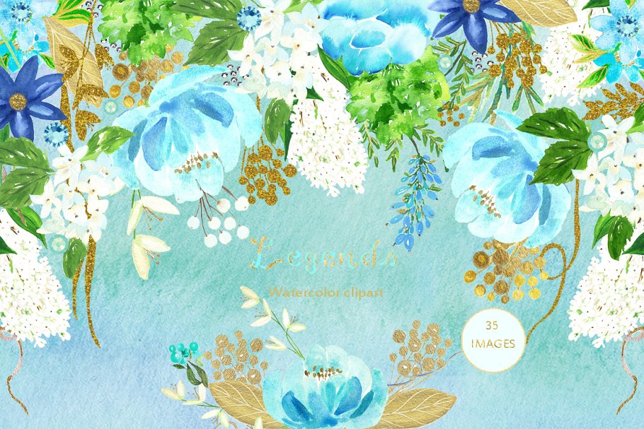 金色和蓝色水彩花卉插画 Gold & ligh blue. Watercolor flowers插图(1)
