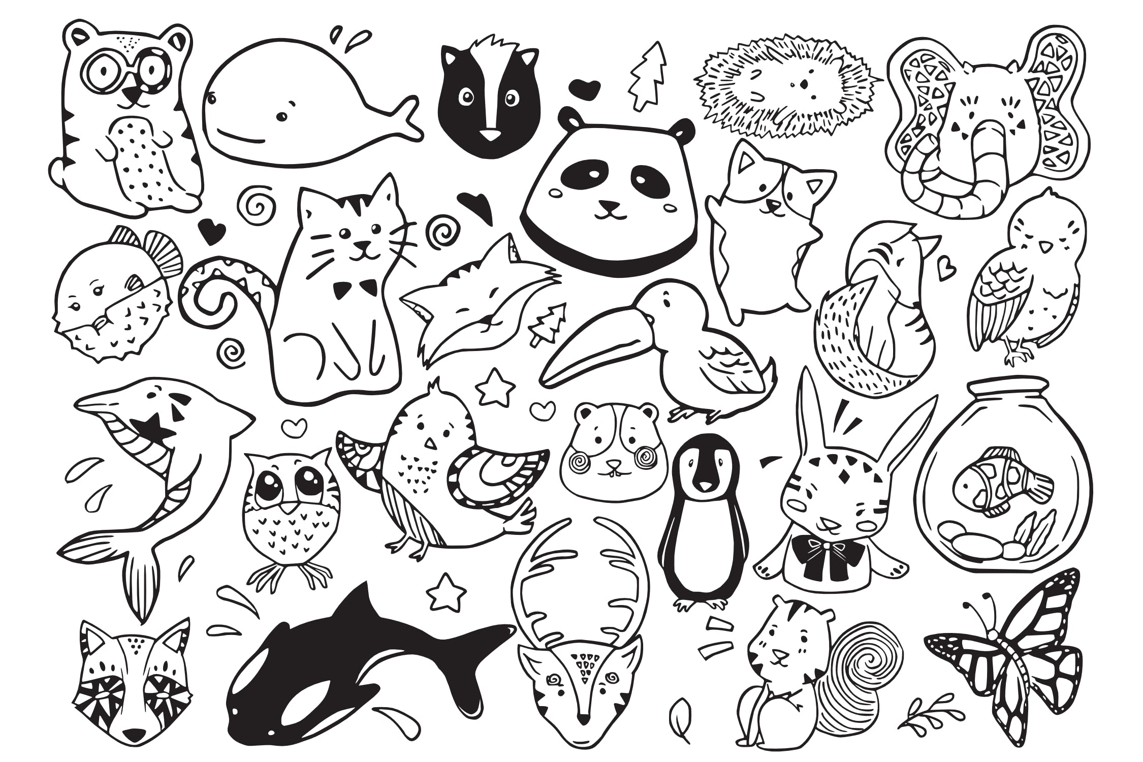 可爱卡通动物涂鸦手绘矢量图案素材 Cute Animal Doodle Vector插图(1)