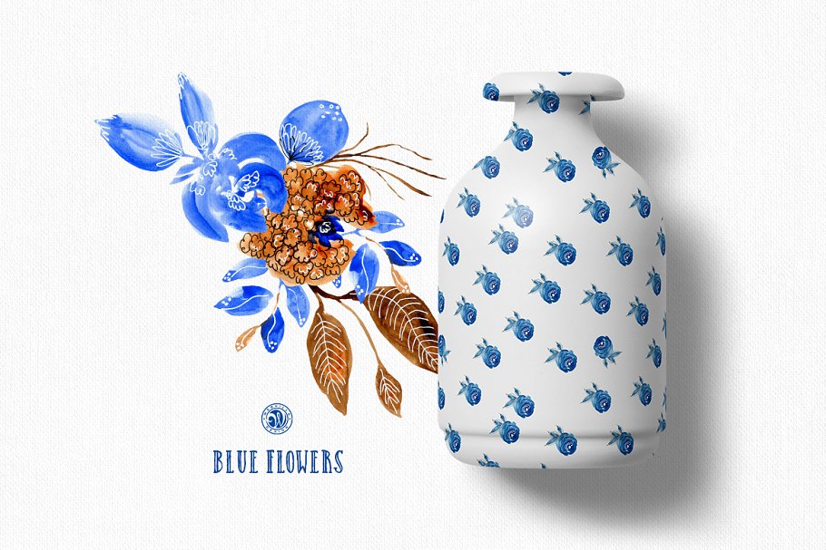 蓝色手绘水彩花卉插画合集 Blue Flowers插图(4)