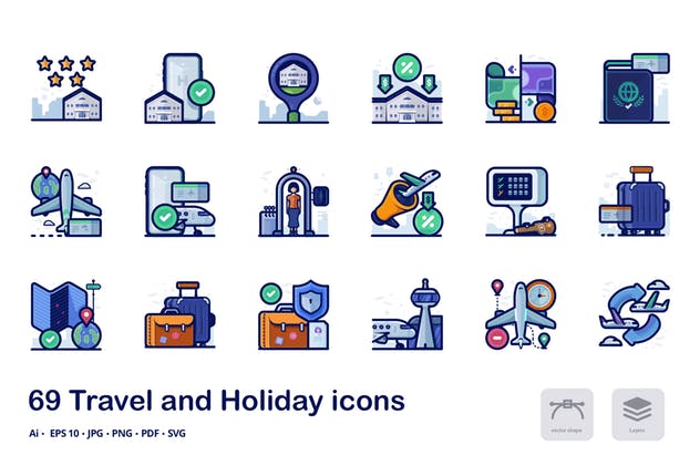 旅行假日主题概念矢量图标 Travel and holiday filled outline icons插图(3)