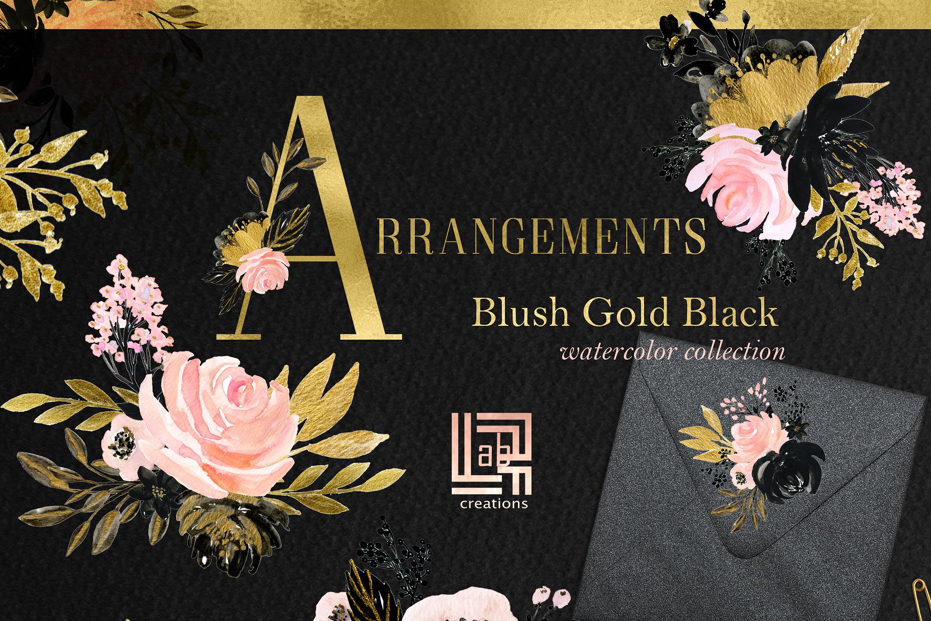 胭脂黑金水彩花卉剪贴画 Blush Gold Black. Floral graphics.插图(2)