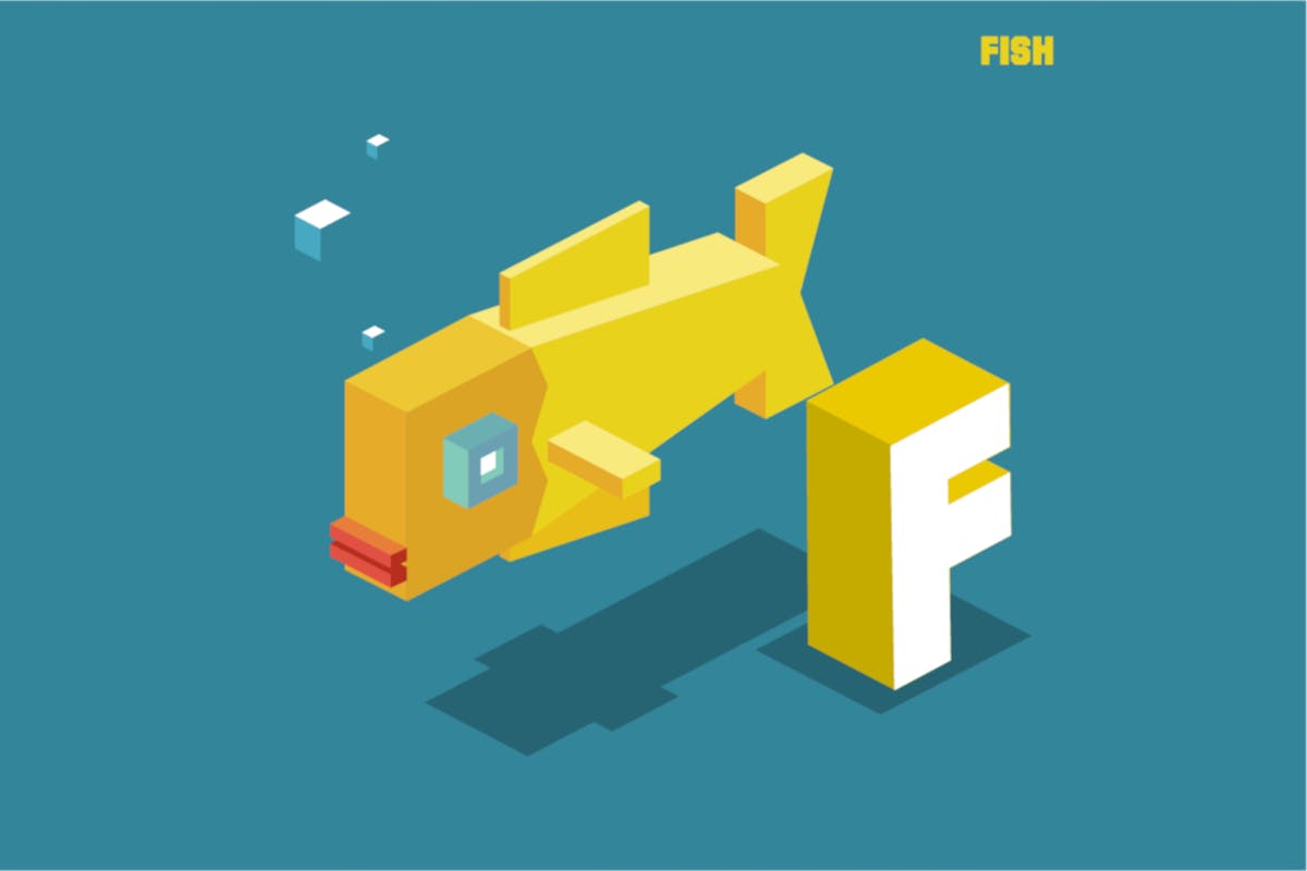 “F”鱼动物词汇字母2.5D插画素材 F for fish, Animal Alphabet插图