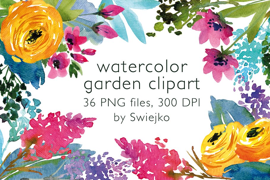 城市花园水彩花卉剪贴画 Watercolor Country Flowers插图