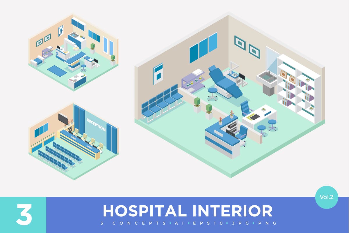 医院门诊场景2.5D等距概念插画v2 3 Isometric Hospital Clinic Interior Vector Set 2插图
