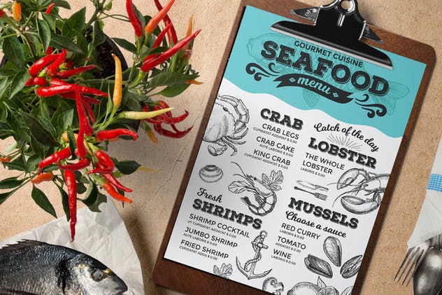 素描设计风格海鲜餐厅食物菜单模板 Seafood Menu Template插图(1)