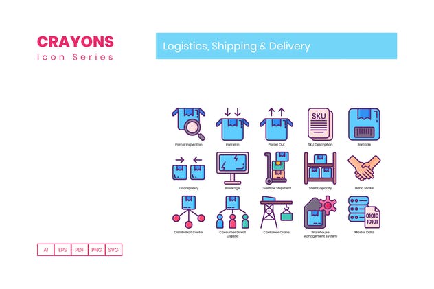 65枚蜡笔手绘物流与航运主题图标 65 Logistics & Shipping Icons | Crayons Series插图(3)