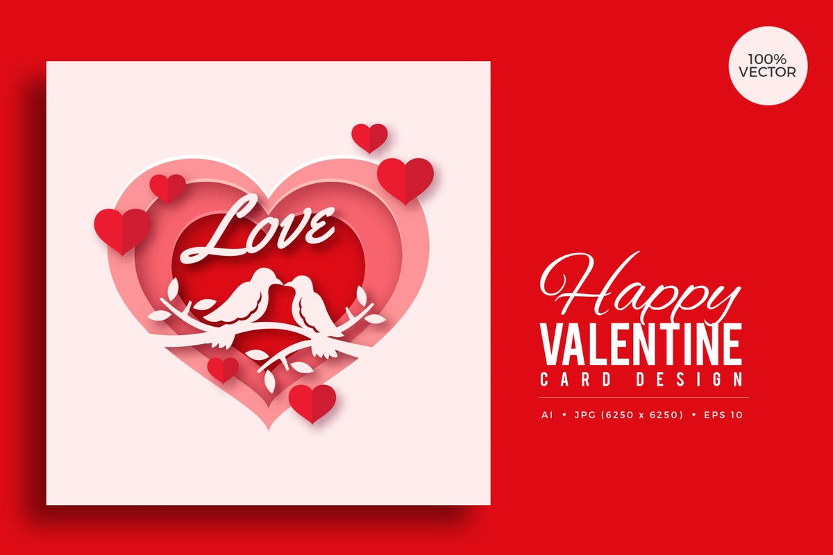 爱情鸟剪纸艺术情人节贺卡矢量模板v4 Paper Art Valentine Square Vector Card Vol.4插图