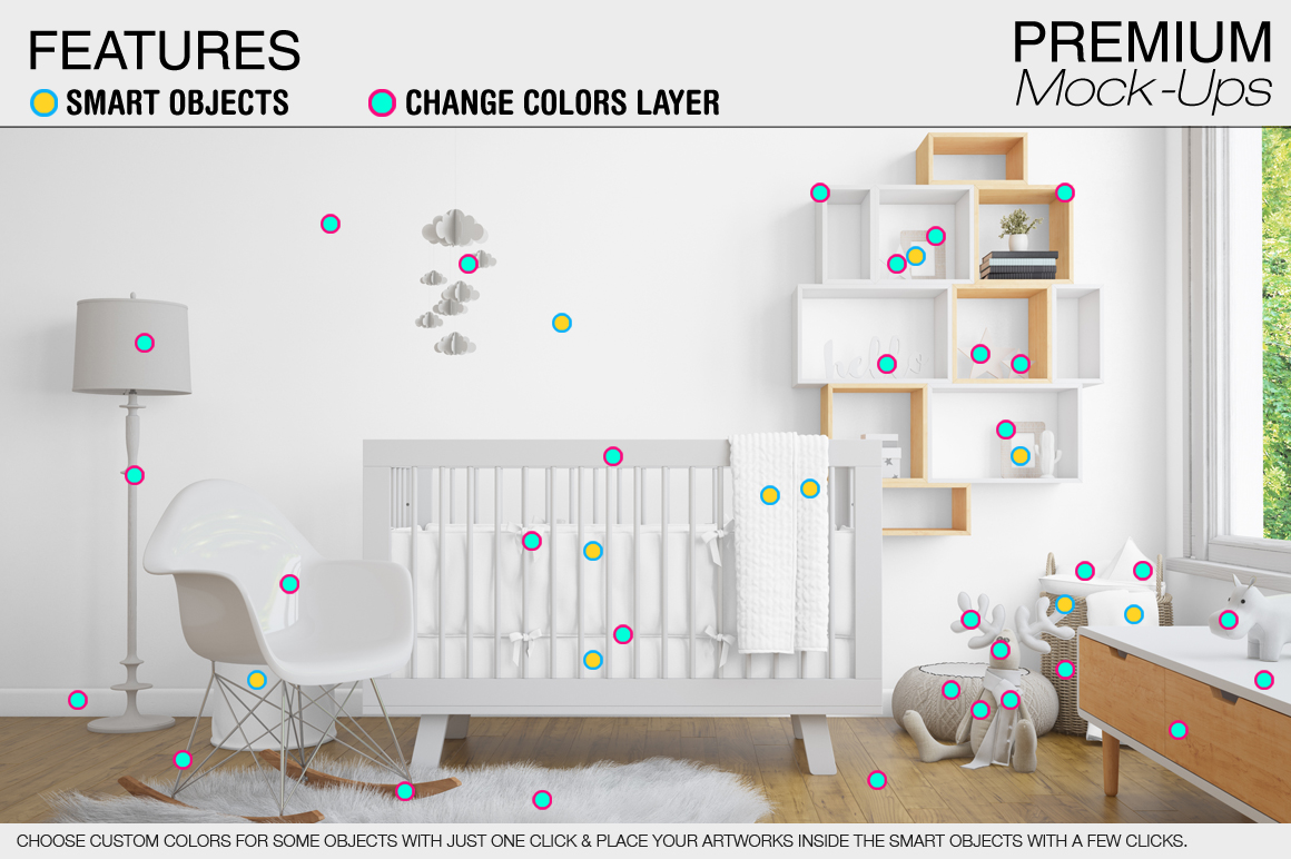 高品质的婴儿床 & 90个相框展示样机下载 Nursery Crib Wall & 90 Frames [psd]插图(1)